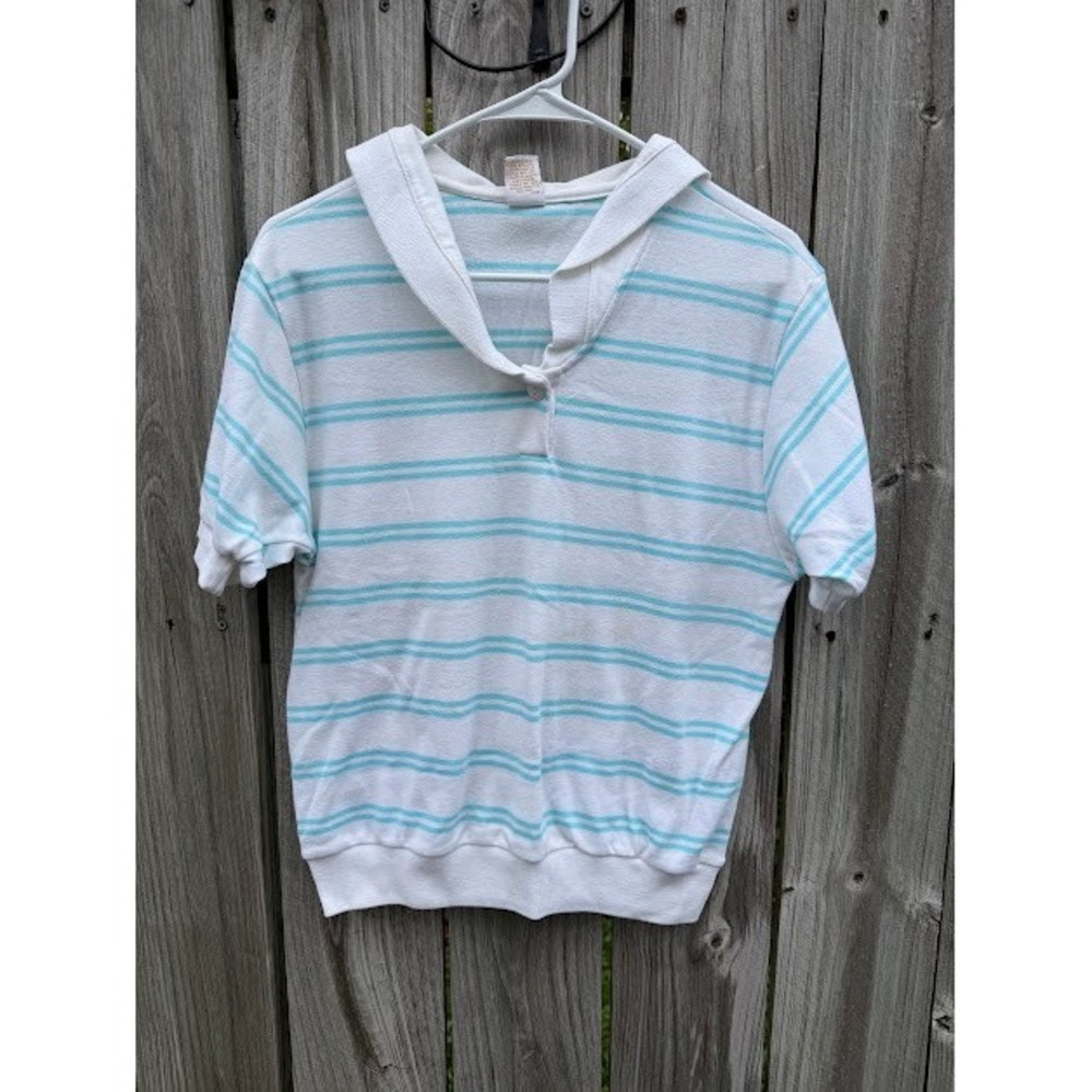 Vintage Nautical Coastal Jantzen Sailor Collar Top S White Blue Striped Retro